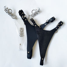 Load image into Gallery viewer, Adjustable high cut thong in 2mm thick matte black leather and nickel hardware. Handmade in New Zealand by Gemma Proebst.
