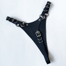 Load image into Gallery viewer, Adjustable high cut thong in 2mm thick matte black leather and nickel hardware. Handmade in New Zealand by Gemma Proebst.

