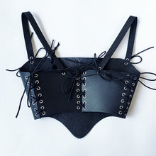 Load image into Gallery viewer, Adjustable Corset in 2mm thick matte black leather and silky black leather lining. Handmade in New Zealand by Gemma Proebst.
