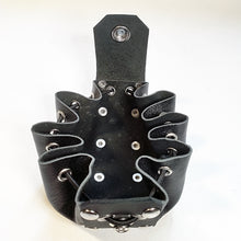 Load image into Gallery viewer, Leather pouch with elastic draw string. The lid is secured with a heavy snap. Handmade in New Zealand by Gemma Proebst.
