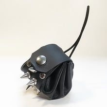 Load image into Gallery viewer, Leather pouch with elastic draw string. The lid is secured with a heavy snap. Handmade in New Zealand by Gemma Proebst.
