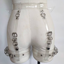 Load image into Gallery viewer, Gemma Proebst Adjustable garter harness in 2mm PVC with nickel hardware. The thigh straps can be removed to be used as separate restraints or accessories.
