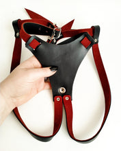 Load image into Gallery viewer, Gemma Proebst Adjustable strap-on harness in matte black with blood red suede lining, handmade in New Zealand
