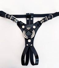 Load image into Gallery viewer, Gemma Proebst Adjustable strap-on harness in patent black, with black leather lining, handmade in New Zealand
