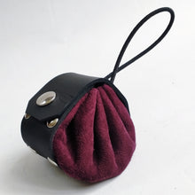 Load image into Gallery viewer, Leather pouch with elastic draw string. The lid is secured with a heavy snap. Handmade in New Zealand by Gemma Proebst.
