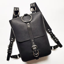 Load image into Gallery viewer, Black Leather Backpack with O ring, handmade in New Zealand by Gemma Proebst.
