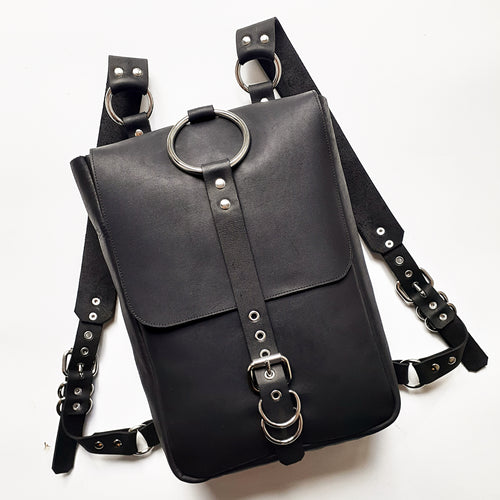 Black Leather Backpack with O ring, handmade in New Zealand by Gemma Proebst.