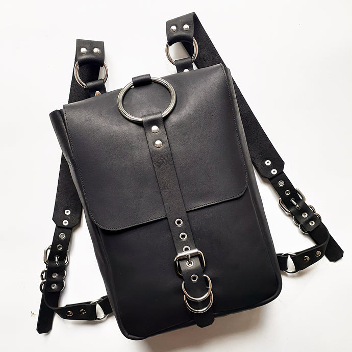 Black Leather Backpack with O ring, handmade in New Zealand by Gemma Proebst.