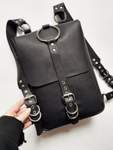 Load image into Gallery viewer, Black Leather Backpack with O ring, handmade in New Zealand by Gemma Proebst.
