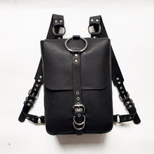 Load image into Gallery viewer, Black Leather Backpack with O ring, handmade in New Zealand by Gemma Proebst.
